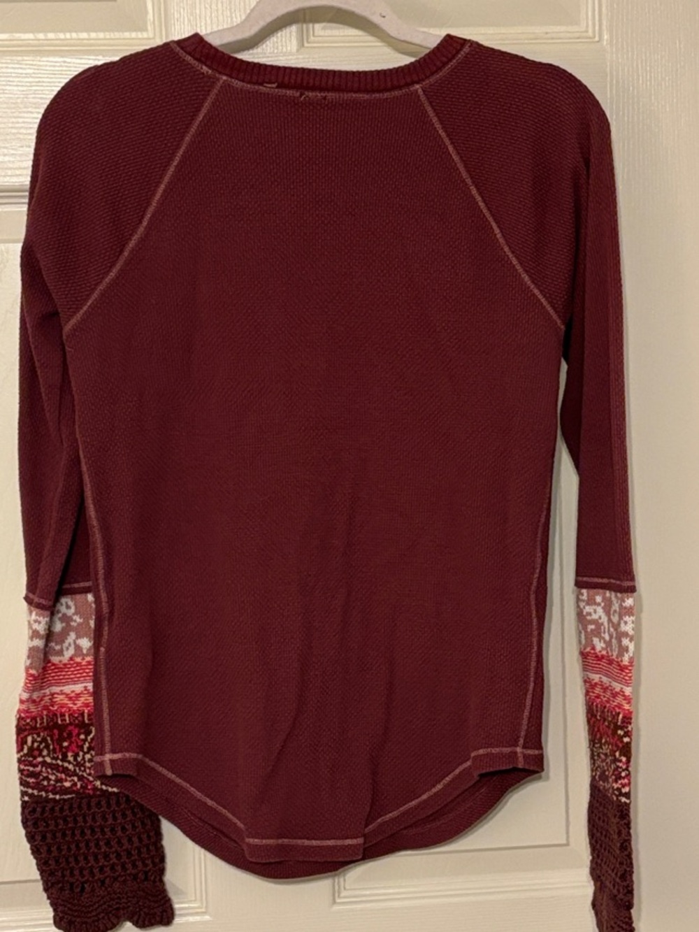 Free People Maroon Waffle-Knit Long Sleeve Top with Patterned Knit Cuffs - Picture 4 of 6